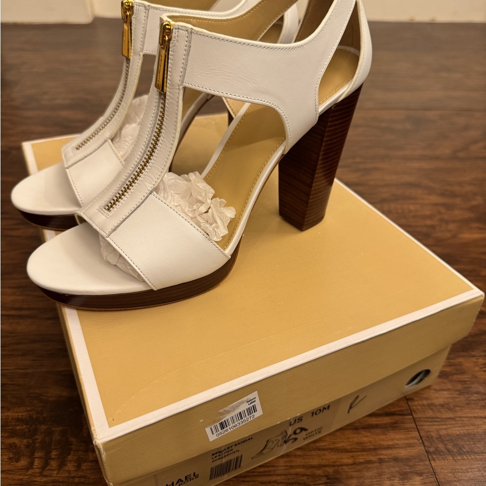 New, in box, white MK sandals.